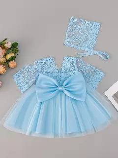 Mia Light Blue Lace Bow Tulle Tea Length Baby Party Dress with Matching Bonnet