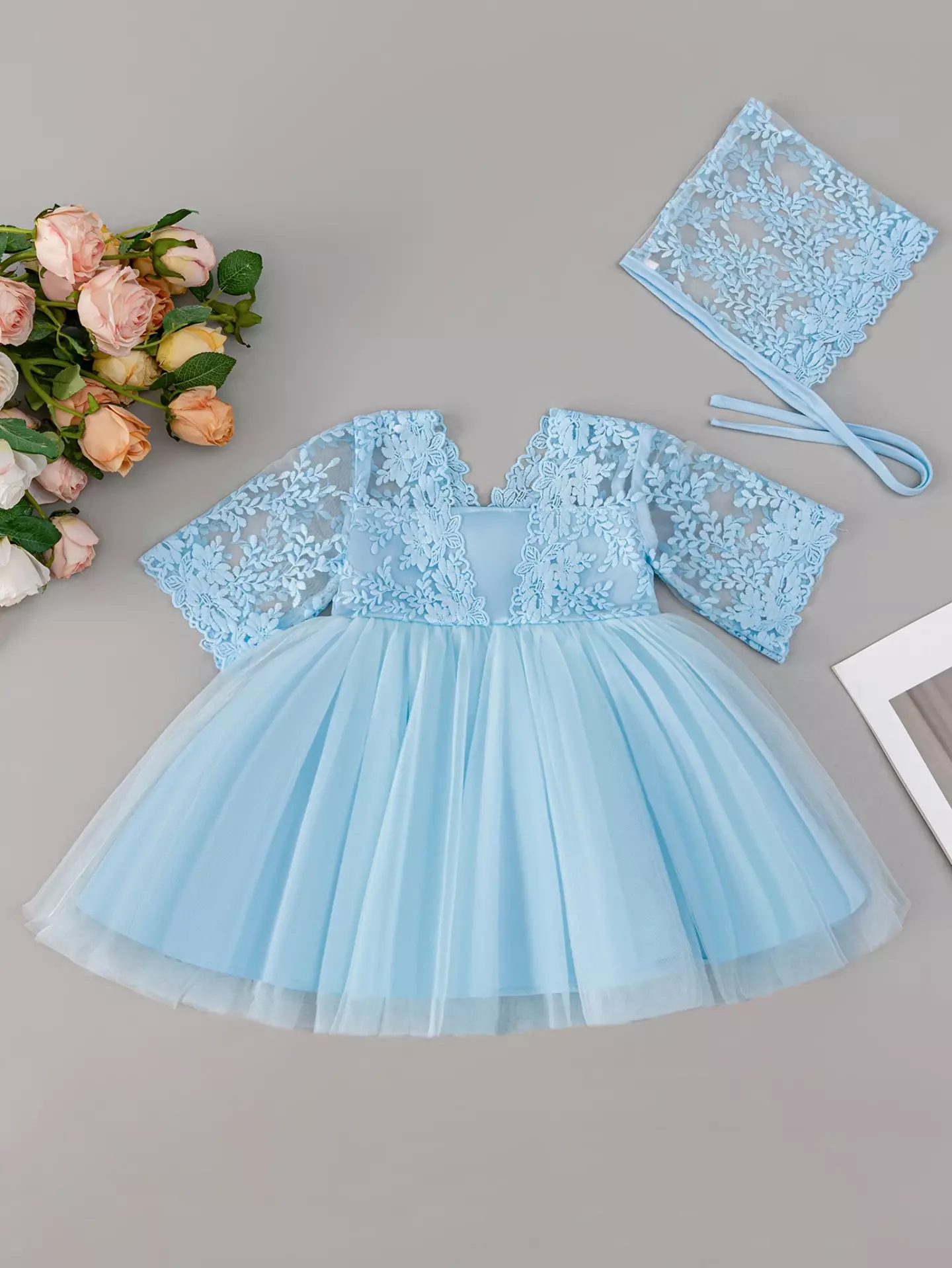 Mia Light Blue Lace Bow Tulle Tea Length Baby Party Dress with Matching Bonnet