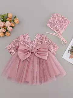 Mia Dusty Pink Lace Bow Tulle Tea Length Baby Party Dress with Matching Bonnet
