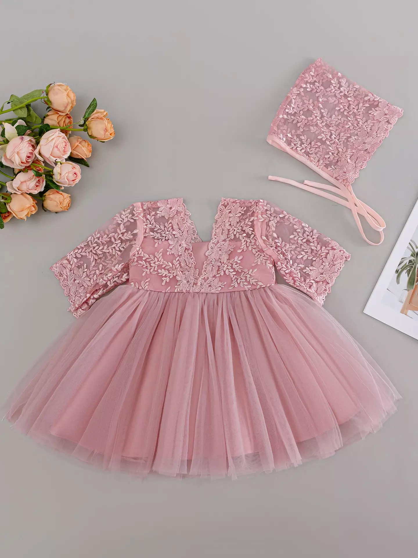 Mia Dusty Pink Lace Bow Tulle Tea Length Baby Party Dress with Matching Bonnet
