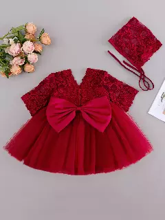 Mia Maroon Lace Bow Tulle Tea Length Baby Party Dress with Matching Bonnet