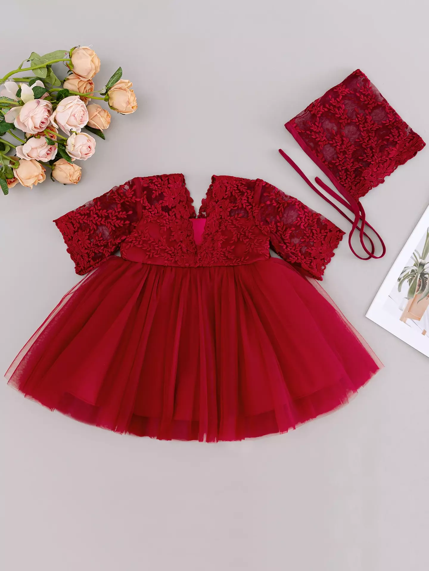 Mia Maroon Lace Bow Tulle Tea Length Baby Party Dress with Matching Bonnet