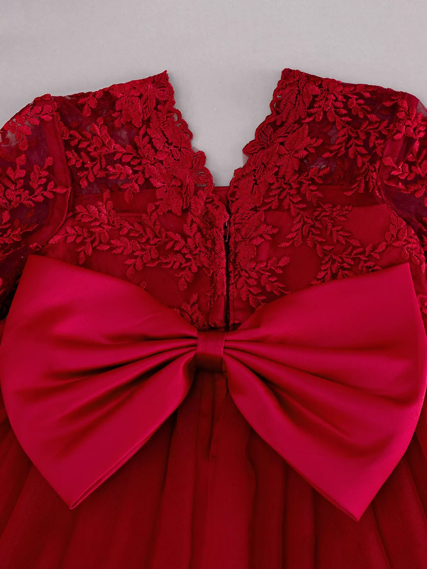 Mia Maroon Lace Bow Tulle Tea Length Baby Party Dress with Matching Bonnet