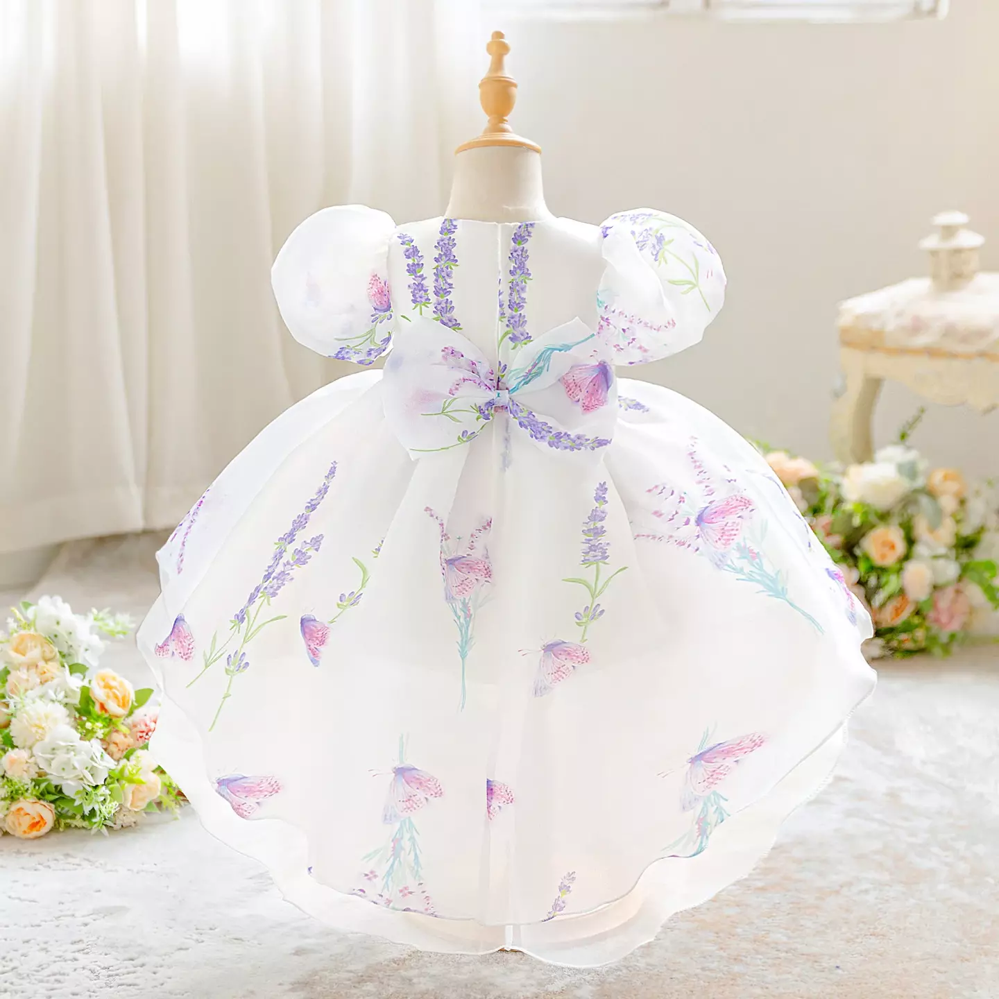 Badosa White Floral Print Puff Sleeve Tail Baby & Toddler Party Dress