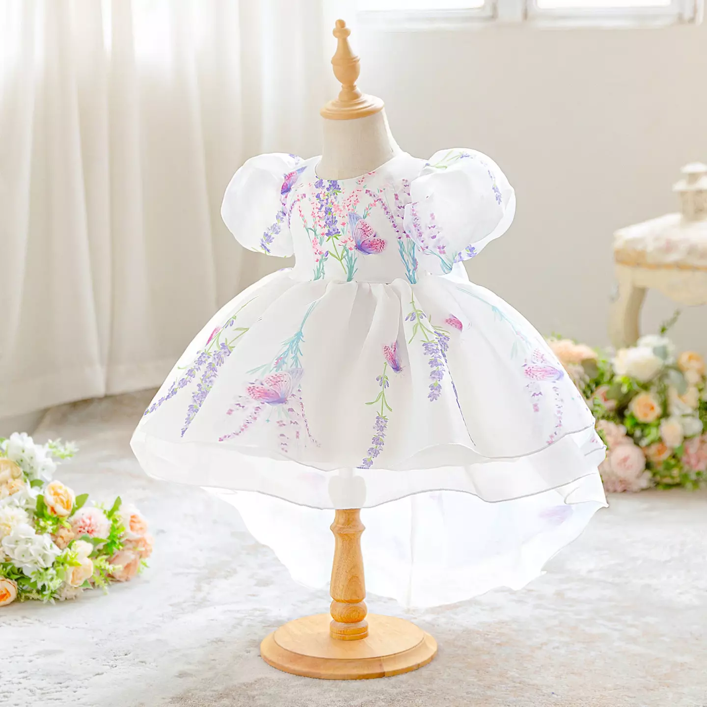 Badosa White Floral Print Puff Sleeve Tail Baby & Toddler Party Dress