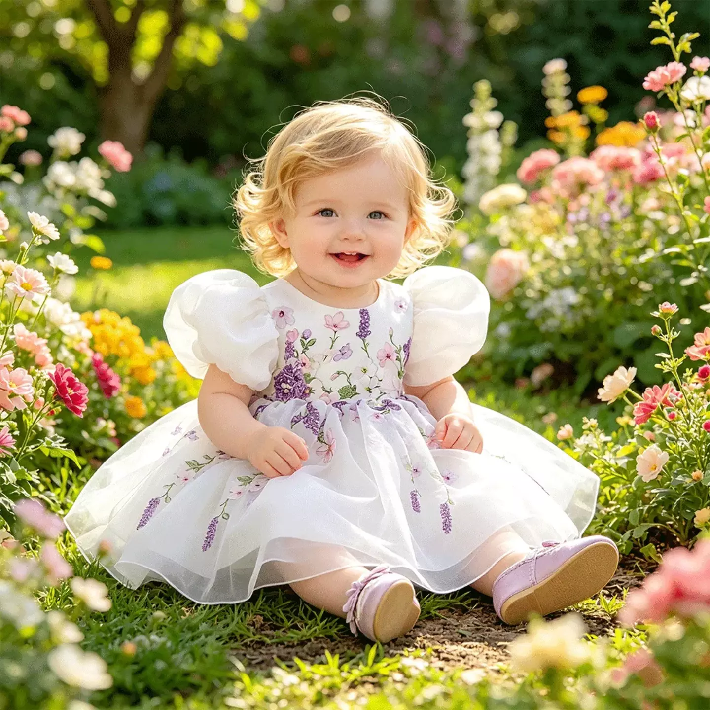 Badosa II White Floral Print Puff Sleeve Tea Length Baby & Toddler Party Dress