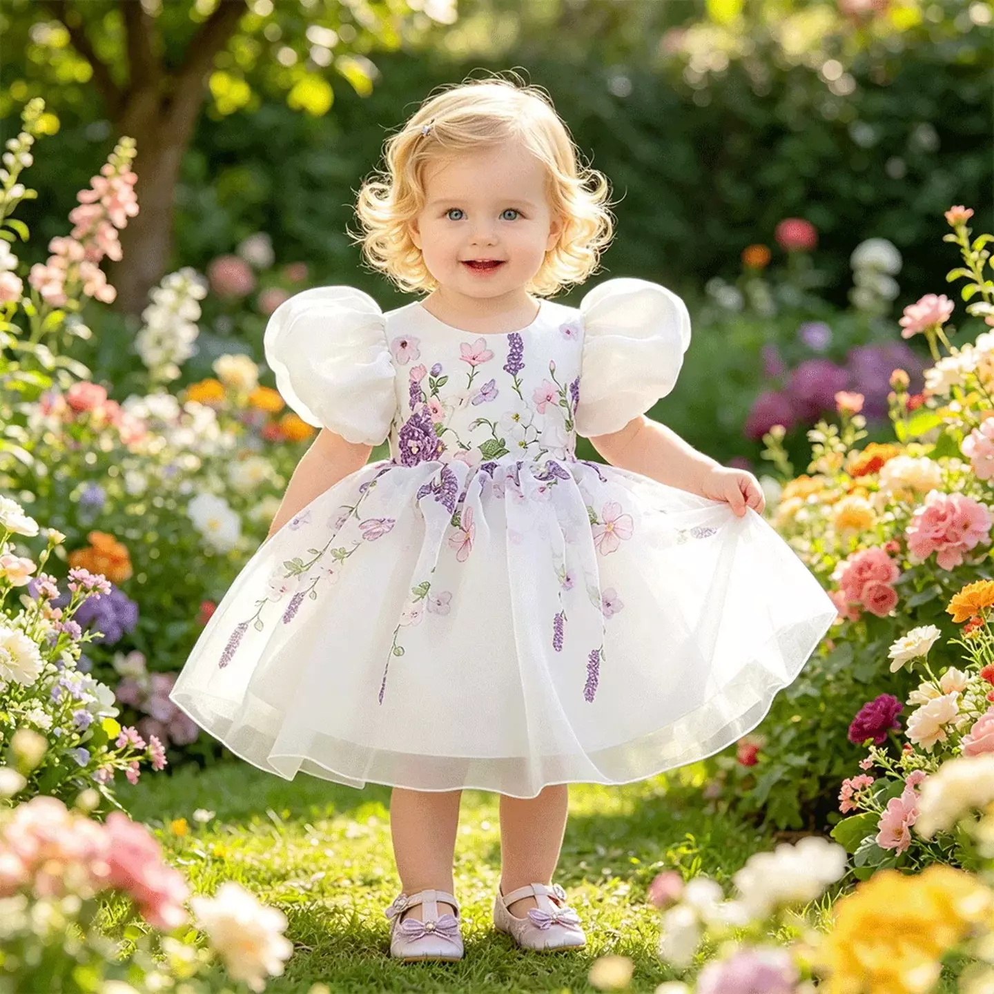 Badosa II White Floral Print Puff Sleeve Tea Length Baby & Toddler Party Dress