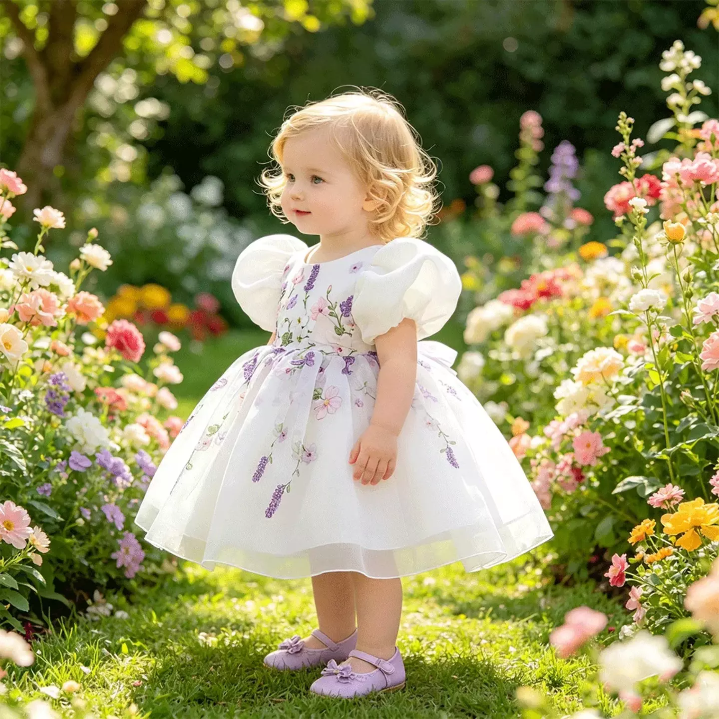 Badosa II White Floral Print Puff Sleeve Tea Length Baby & Toddler Party Dress
