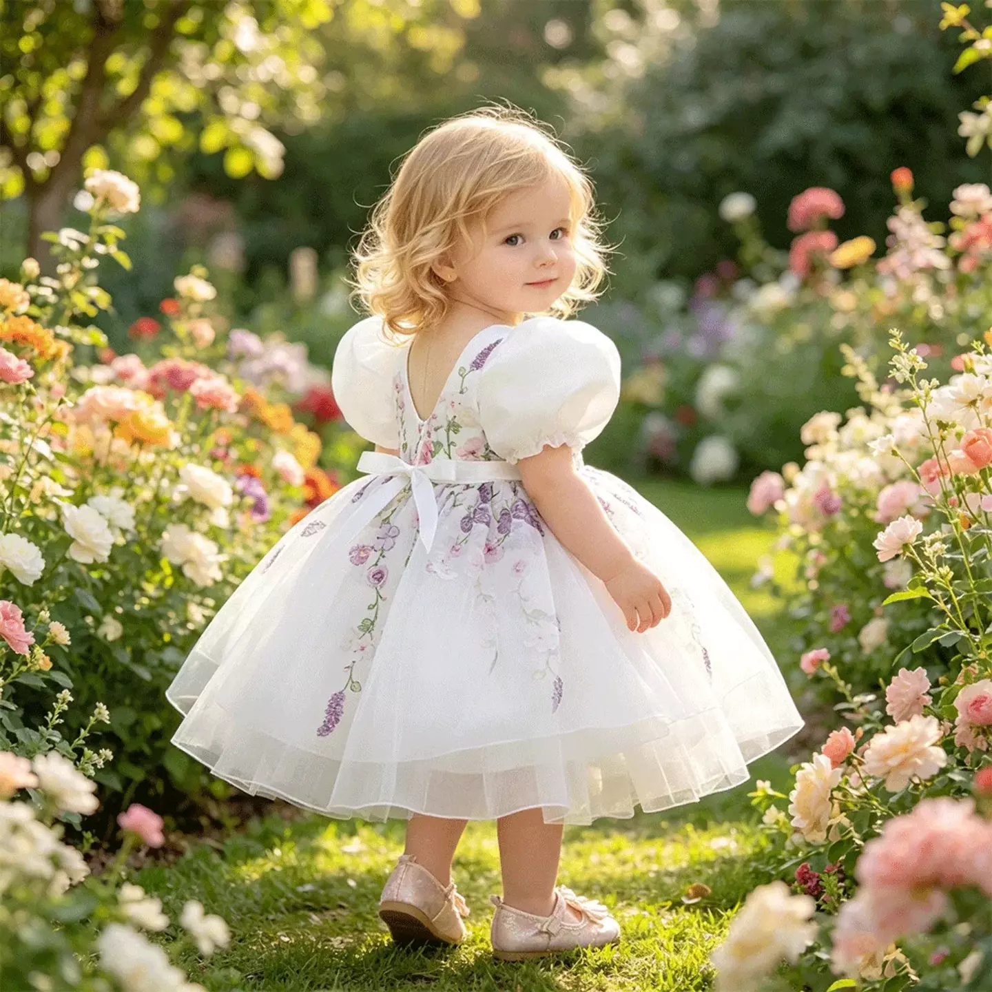 Badosa II White Floral Print Puff Sleeve Tea Length Baby & Toddler Party Dress