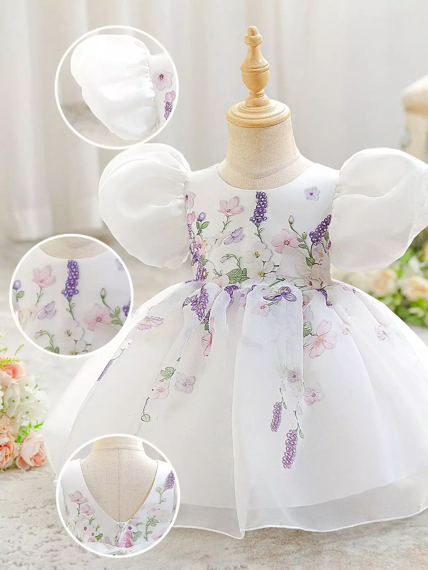 Badosa II White Floral Print Puff Sleeve Tea Length Baby & Toddler Party Dress