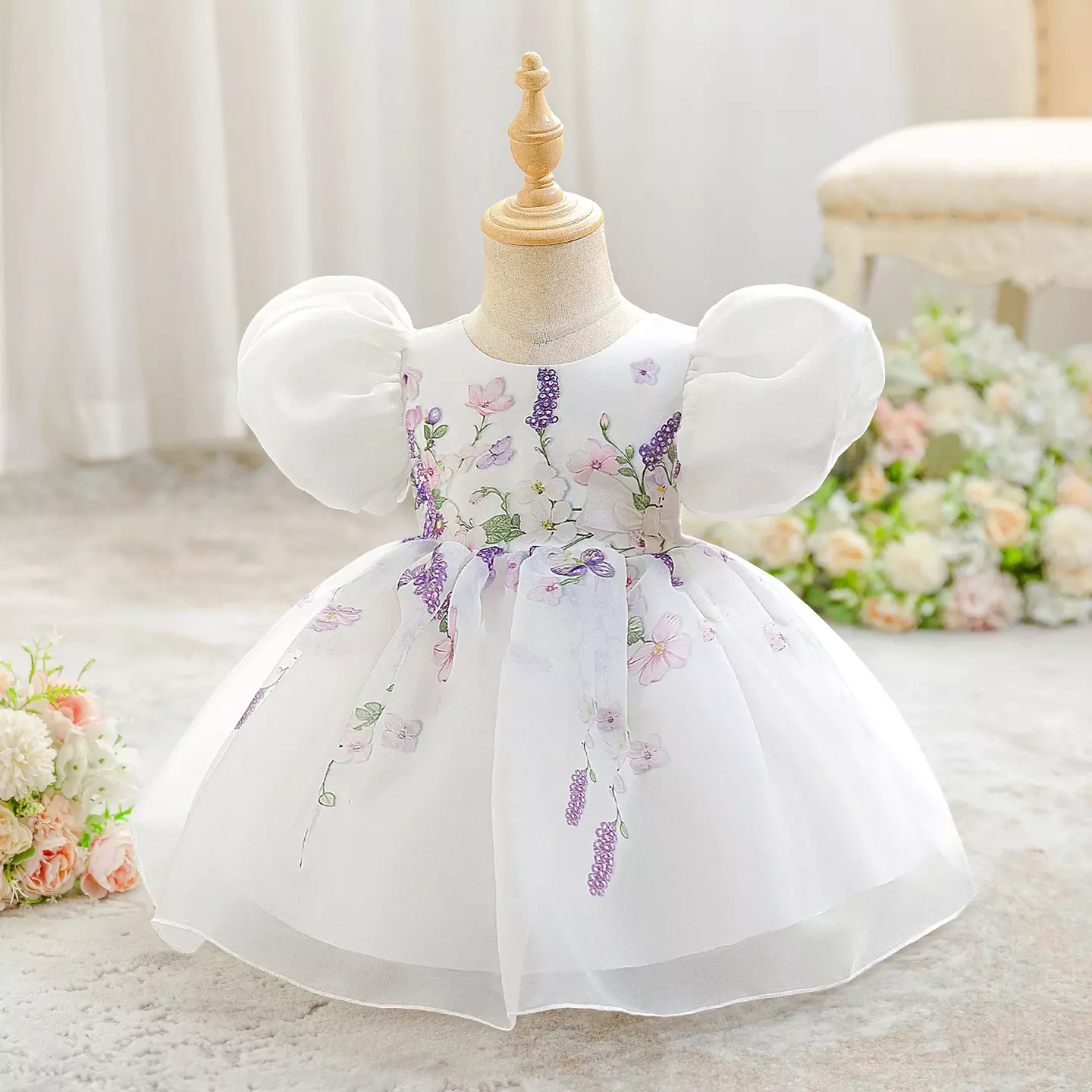 Badosa II White Floral Print Puff Sleeve Tea Length Baby & Toddler Party Dress