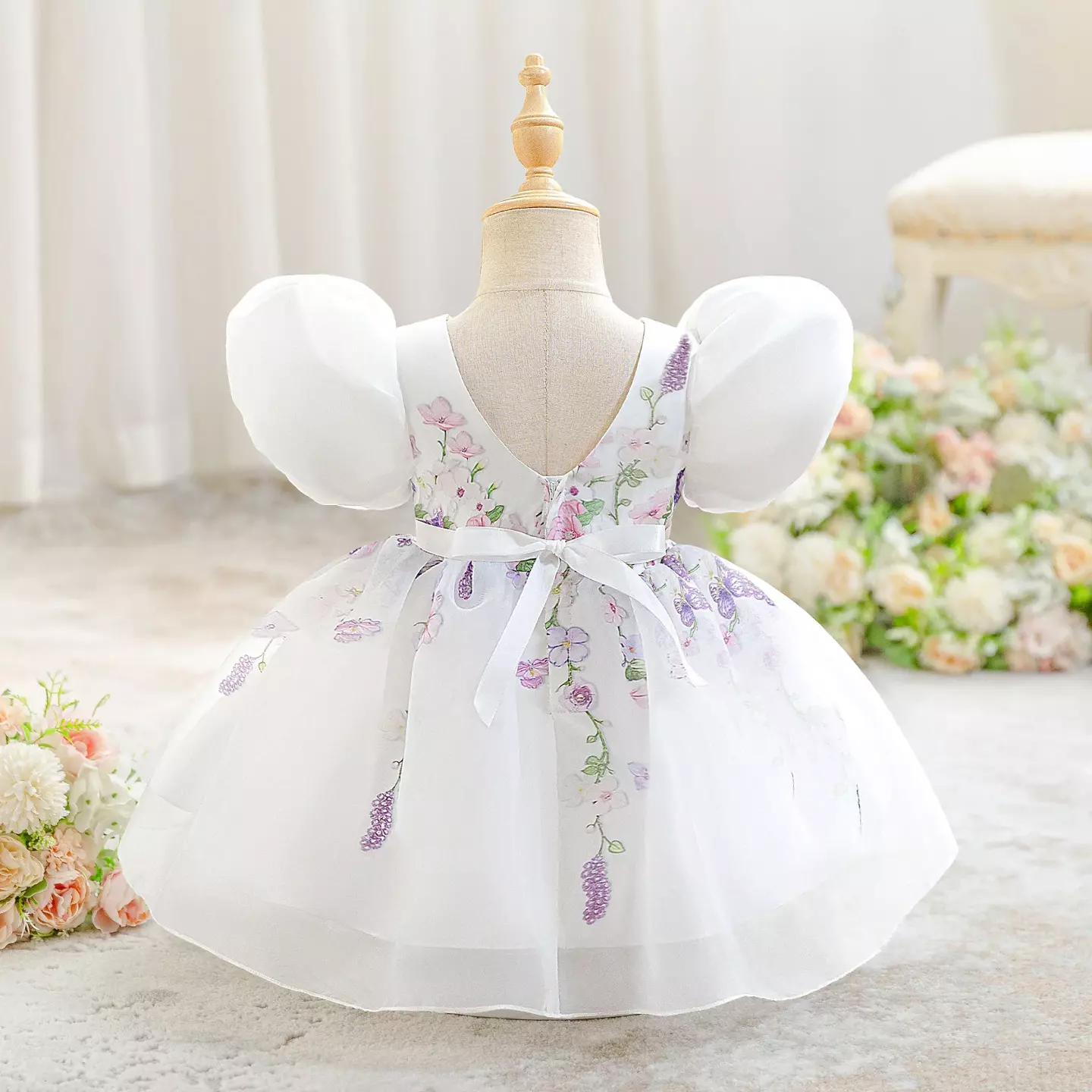 Badosa II White Floral Print Puff Sleeve Tea Length Baby & Toddler Party Dress
