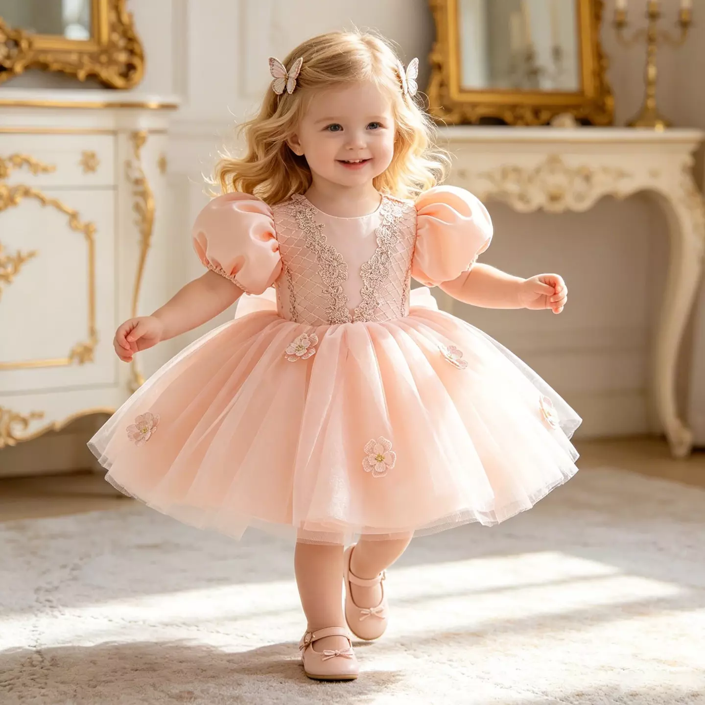 Bondar Peach Pink Lace Puff Sleeve Tulle Tea Length Baby & Toddler Party Dress with Headband