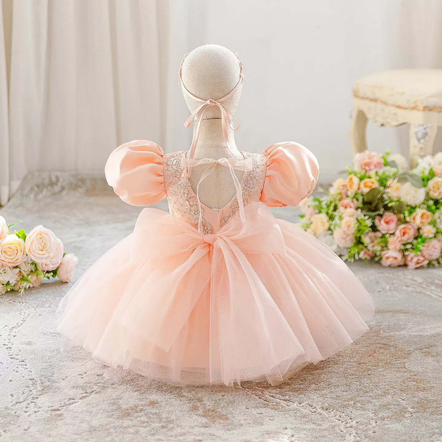 Bondar Peach Pink Lace Puff Sleeve Tulle Tea Length Baby & Toddler Party Dress with Headband