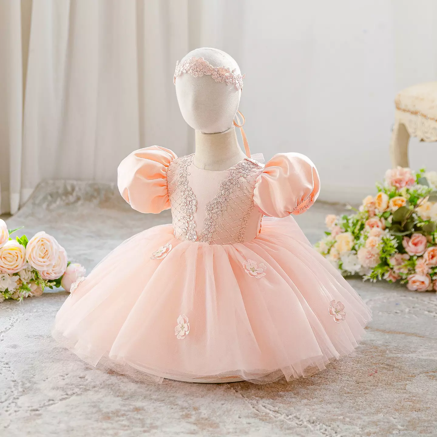 Bondar Peach Pink Lace Puff Sleeve Tulle Tea Length Baby & Toddler Party Dress with Headband