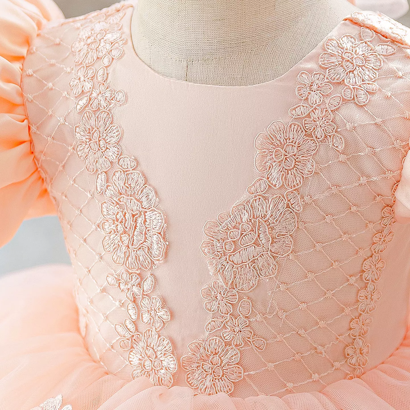 Bondar Peach Pink Lace Puff Sleeve Tulle Tea Length Baby & Toddler Party Dress with Headband