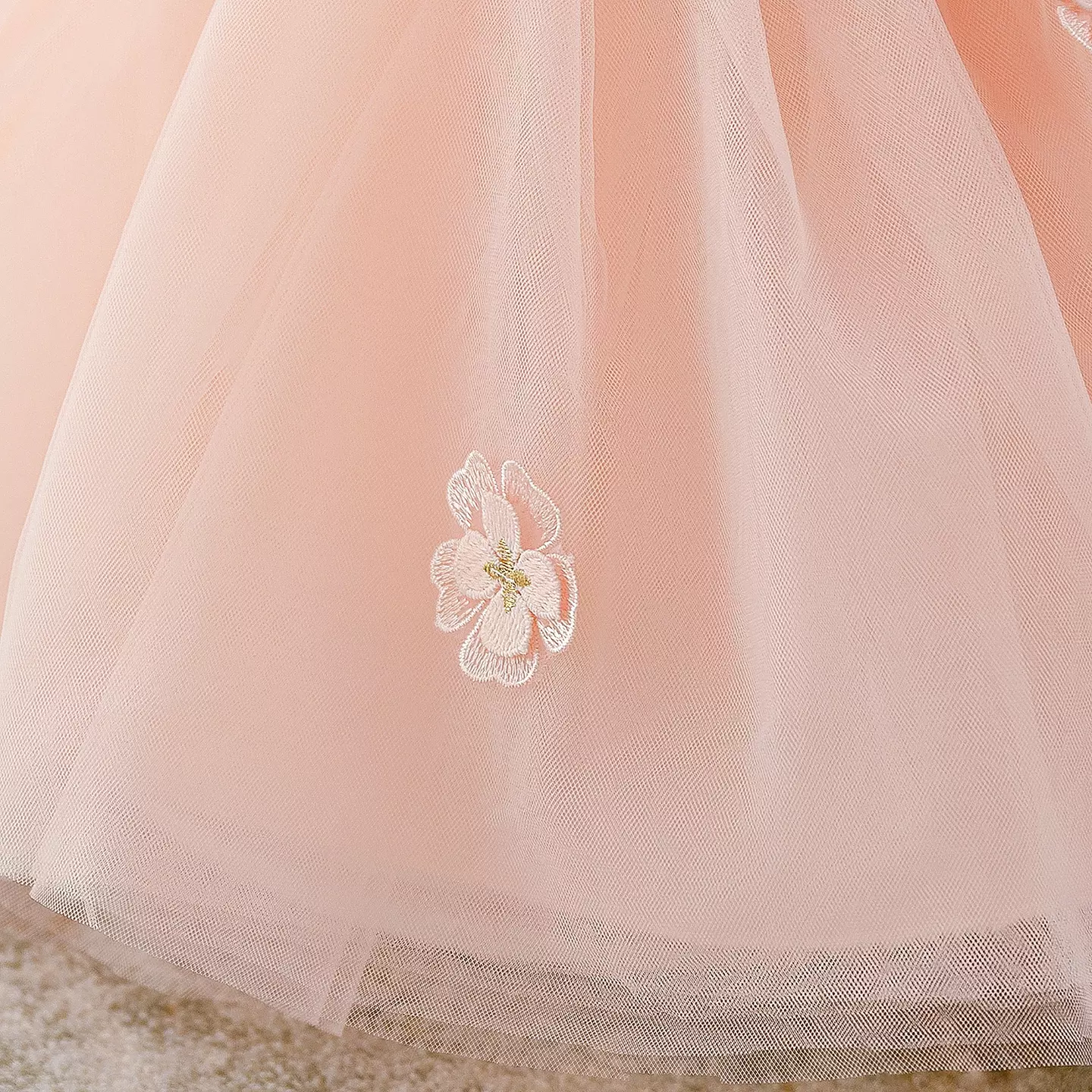 Bondar Peach Pink Lace Puff Sleeve Tulle Tea Length Baby & Toddler Party Dress with Headband