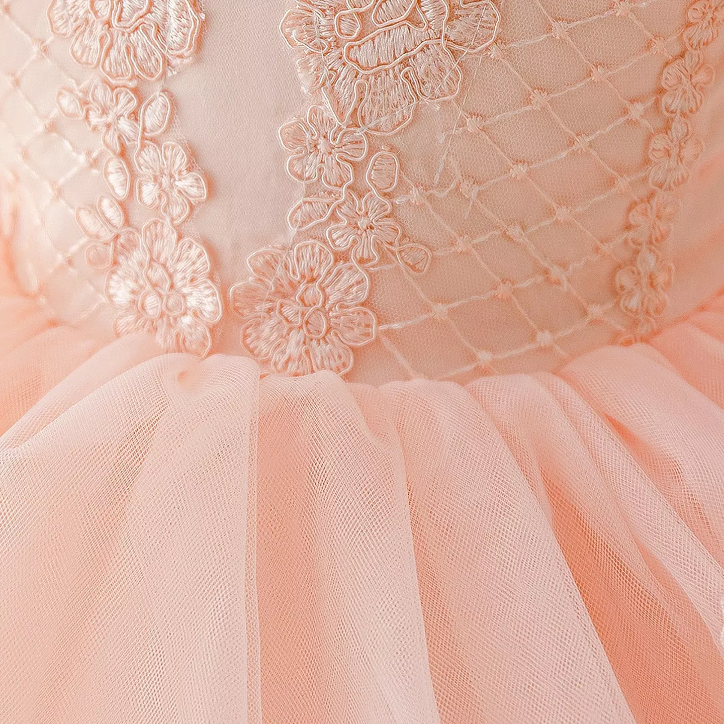 Bondar Peach Pink Lace Puff Sleeve Tulle Tea Length Baby & Toddler Party Dress with Headband