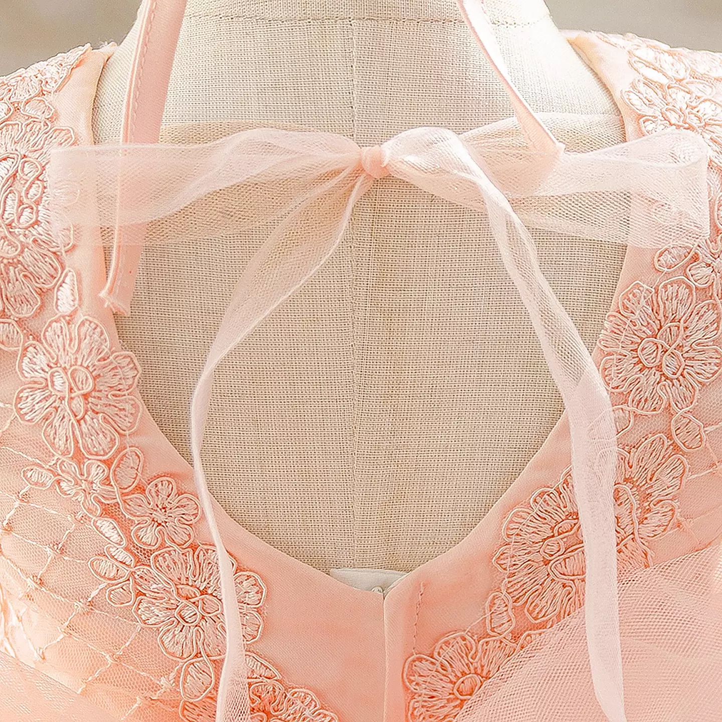 Bondar Peach Pink Lace Puff Sleeve Tulle Tea Length Baby & Toddler Party Dress with Headband
