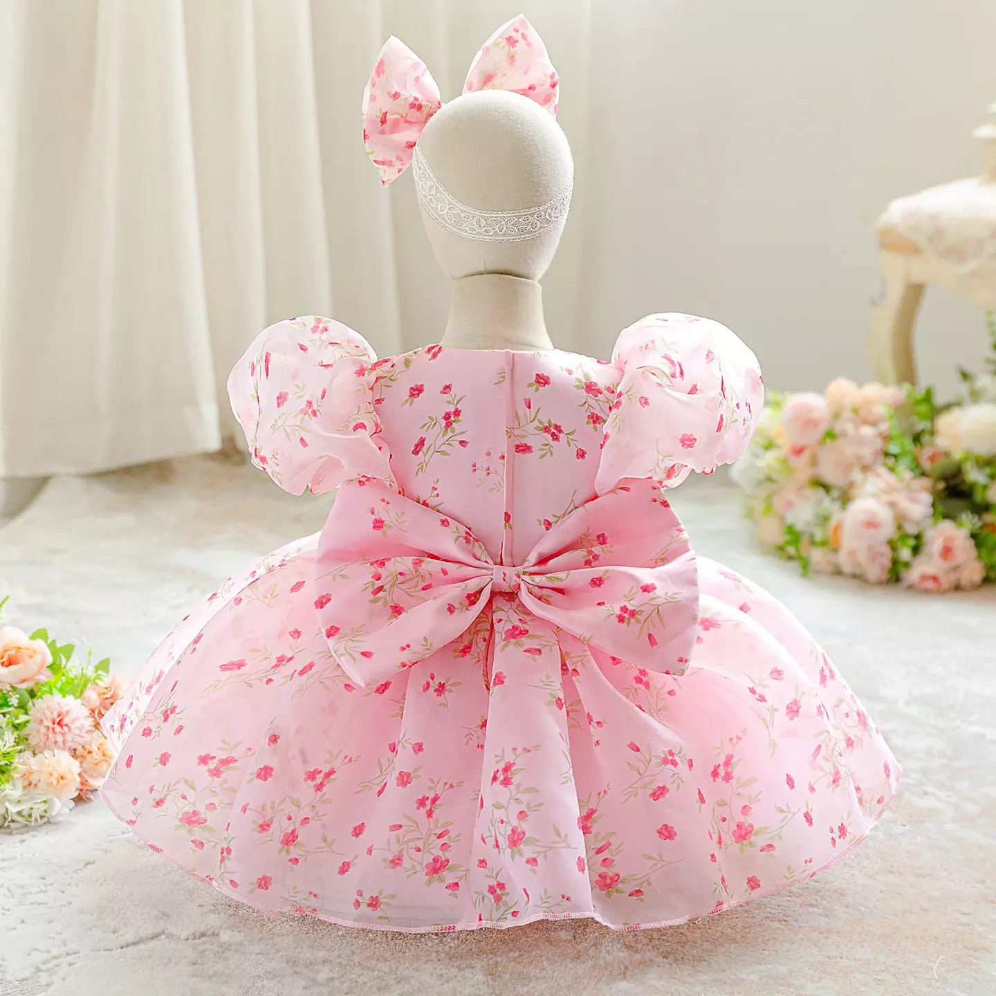 Parks Pink Floral Organza Puff Sleeve Tea Length Baby & Toddler Party Dress with Bow Headband