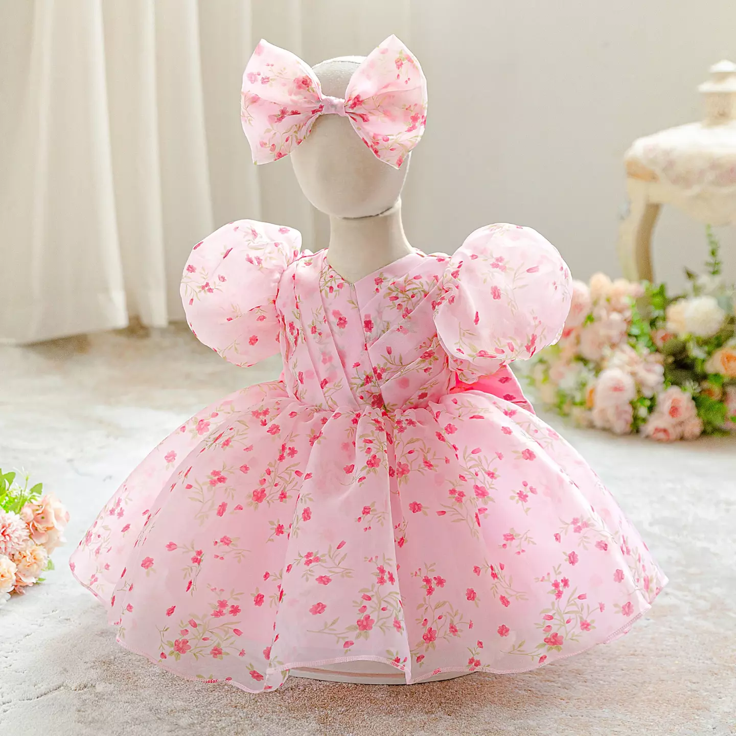 Parks Pink Floral Organza Puff Sleeve Tea Length Baby & Toddler Party Dress with Bow Headband