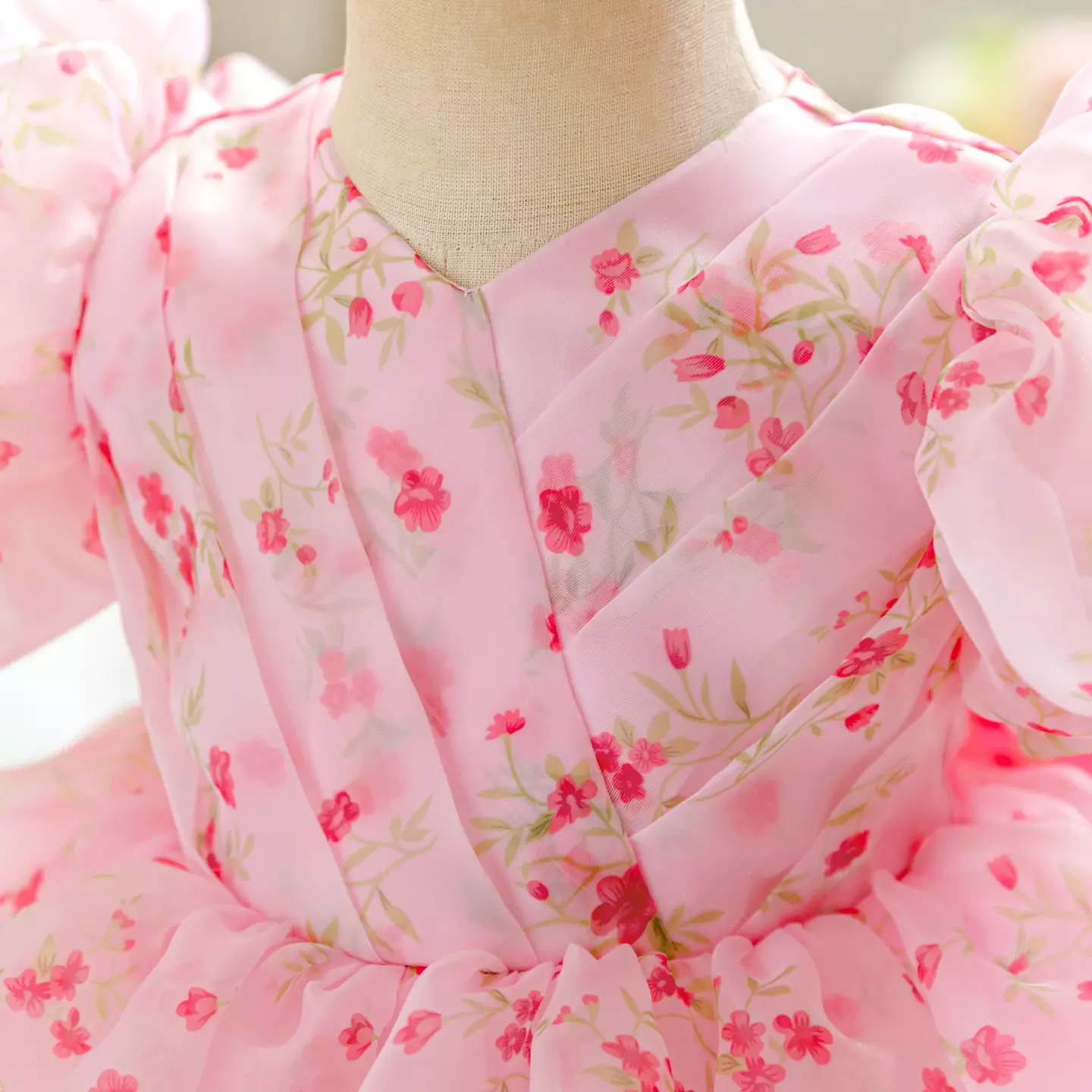 Parks Pink Floral Organza Puff Sleeve Tea Length Baby & Toddler Party Dress with Bow Headband