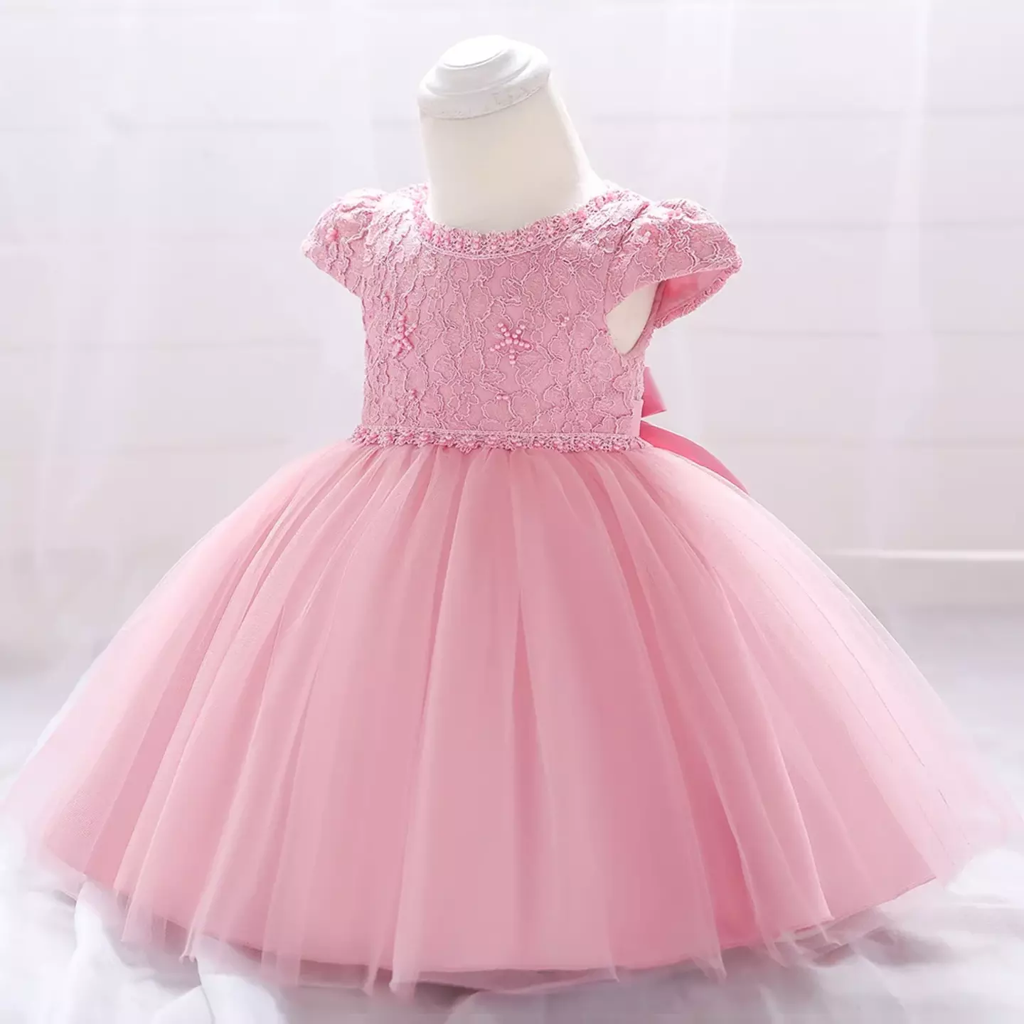 Sierra Dusty Pink Lace Cap Sleeve Tulle Tea Length Baby Party Dress