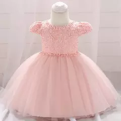Sierra Peach Pink Lace Cap Sleeve Tulle Tea Length Baby Party Dress