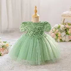 Zarazua Sage Green Floral Lace Puff Sleeve Tulle Tea Length Baby Party Dress