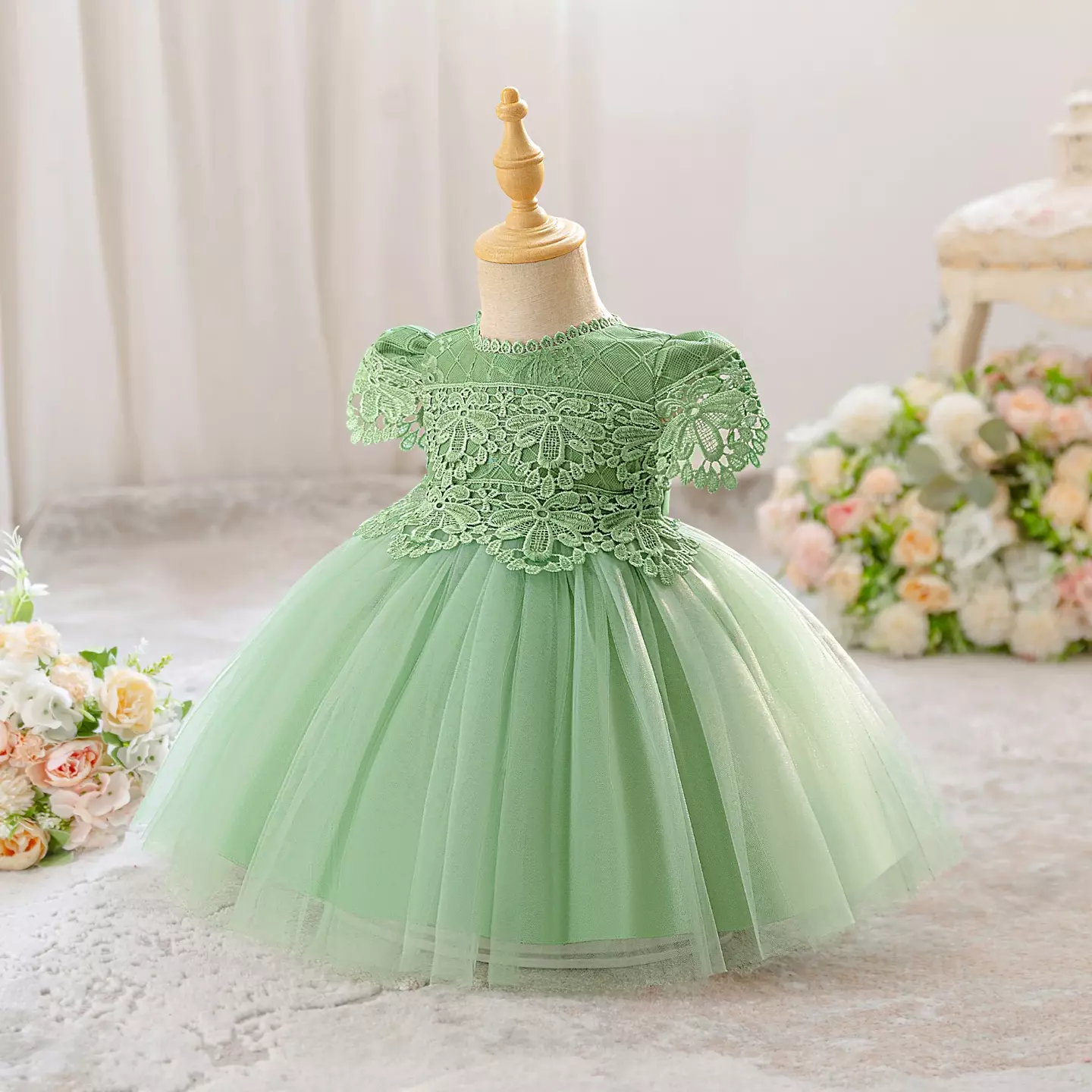Zarazua Sage Green Floral Lace Puff Sleeve Tulle Tea Length Baby Party Dress