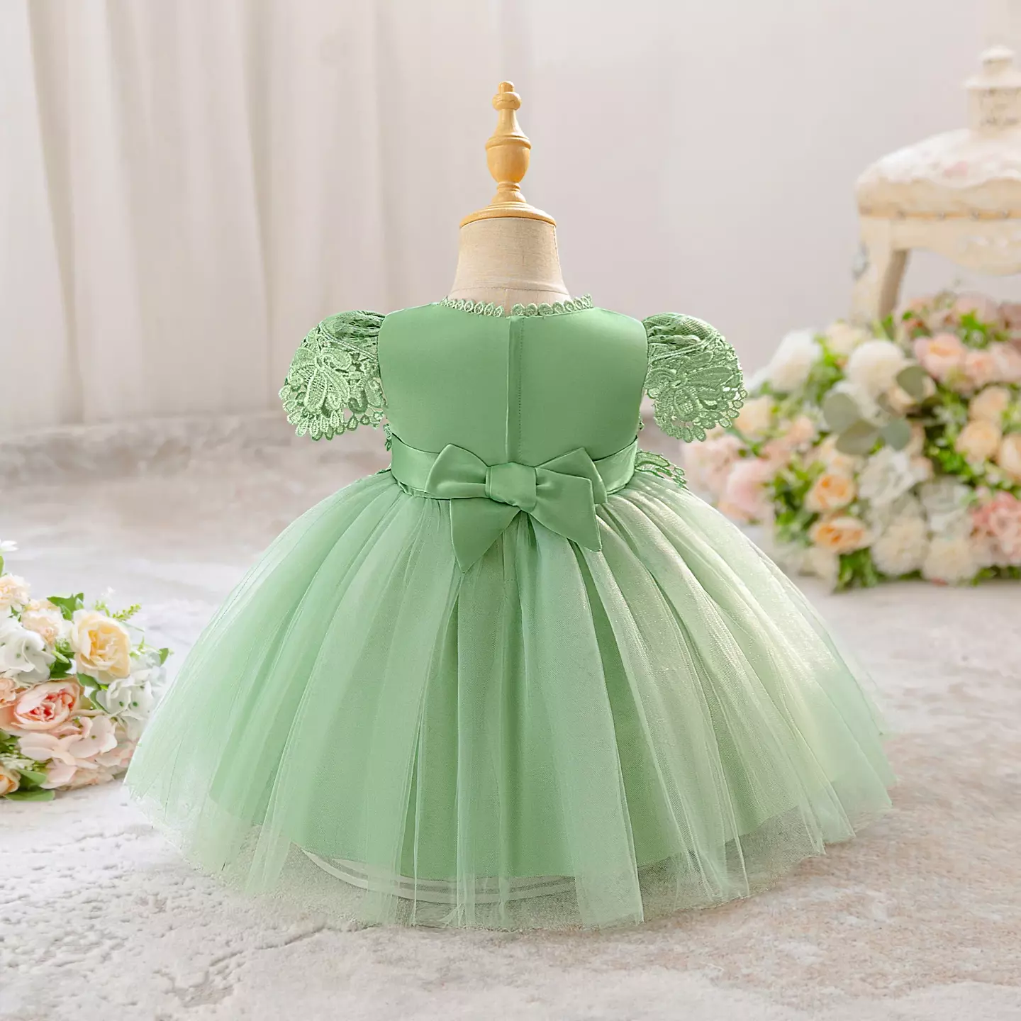 Zarazua Sage Green Floral Lace Puff Sleeve Tulle Tea Length Baby Party Dress
