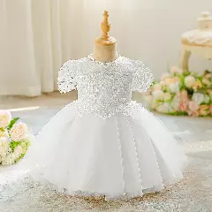 Zarazua White Floral Lace Puff Sleeve Tulle Tea Length Baby Christening Dress