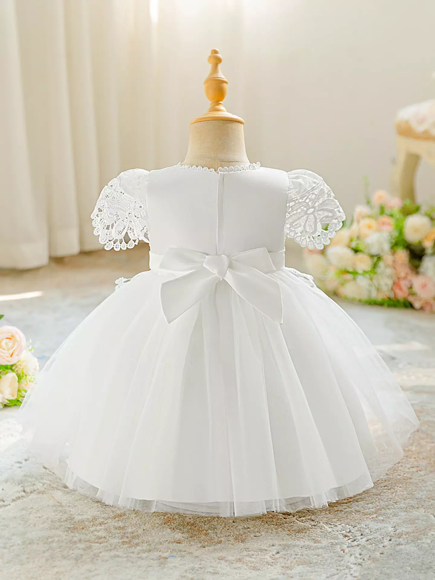 Zarazua White Floral Lace Puff Sleeve Tulle Tea Length Baby Christening Dress