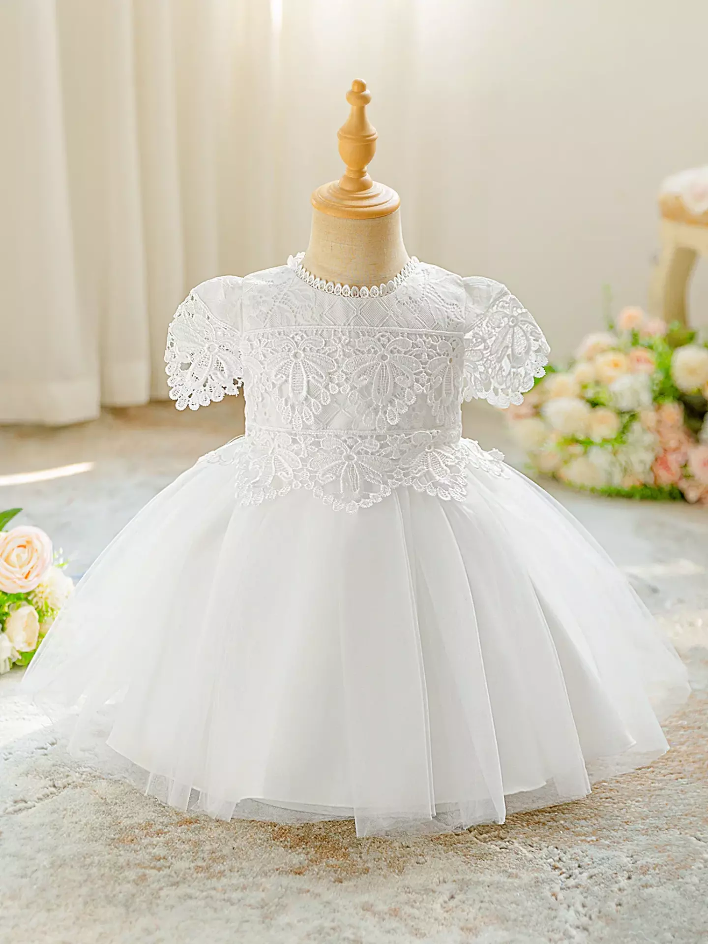 Zarazua White Floral Lace Puff Sleeve Tulle Tea Length Baby Christening Dress
