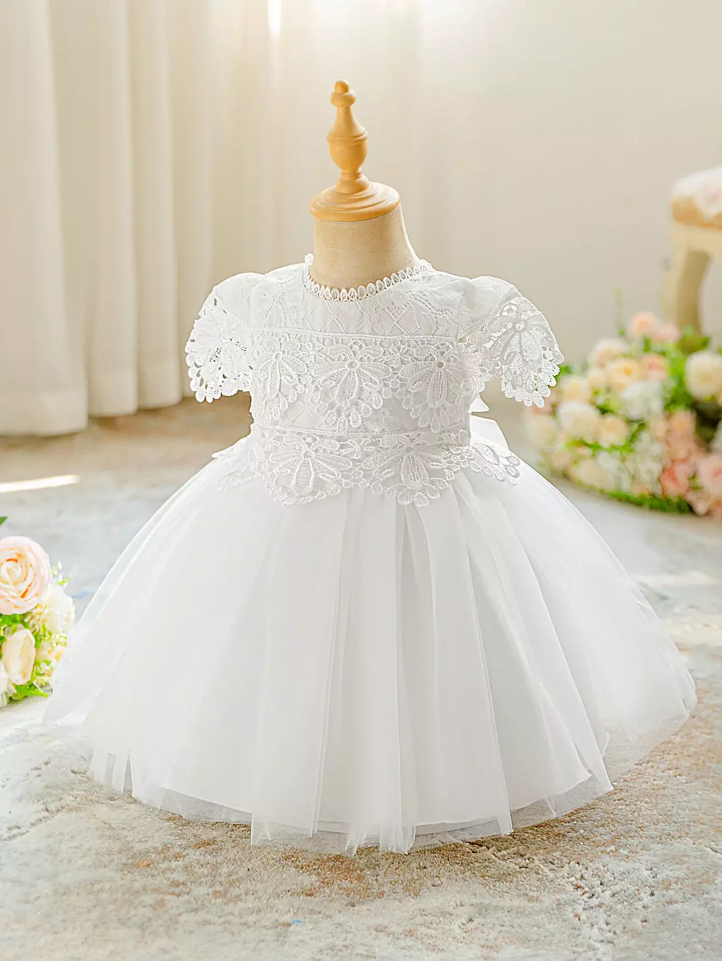 Zarazua White Floral Lace Puff Sleeve Tulle Tea Length Baby Christening Dress