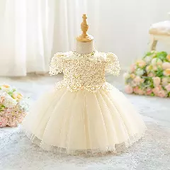 Zarazua Champagne Floral Lace Puff Sleeve Tulle Tea Length Baby Party Dress