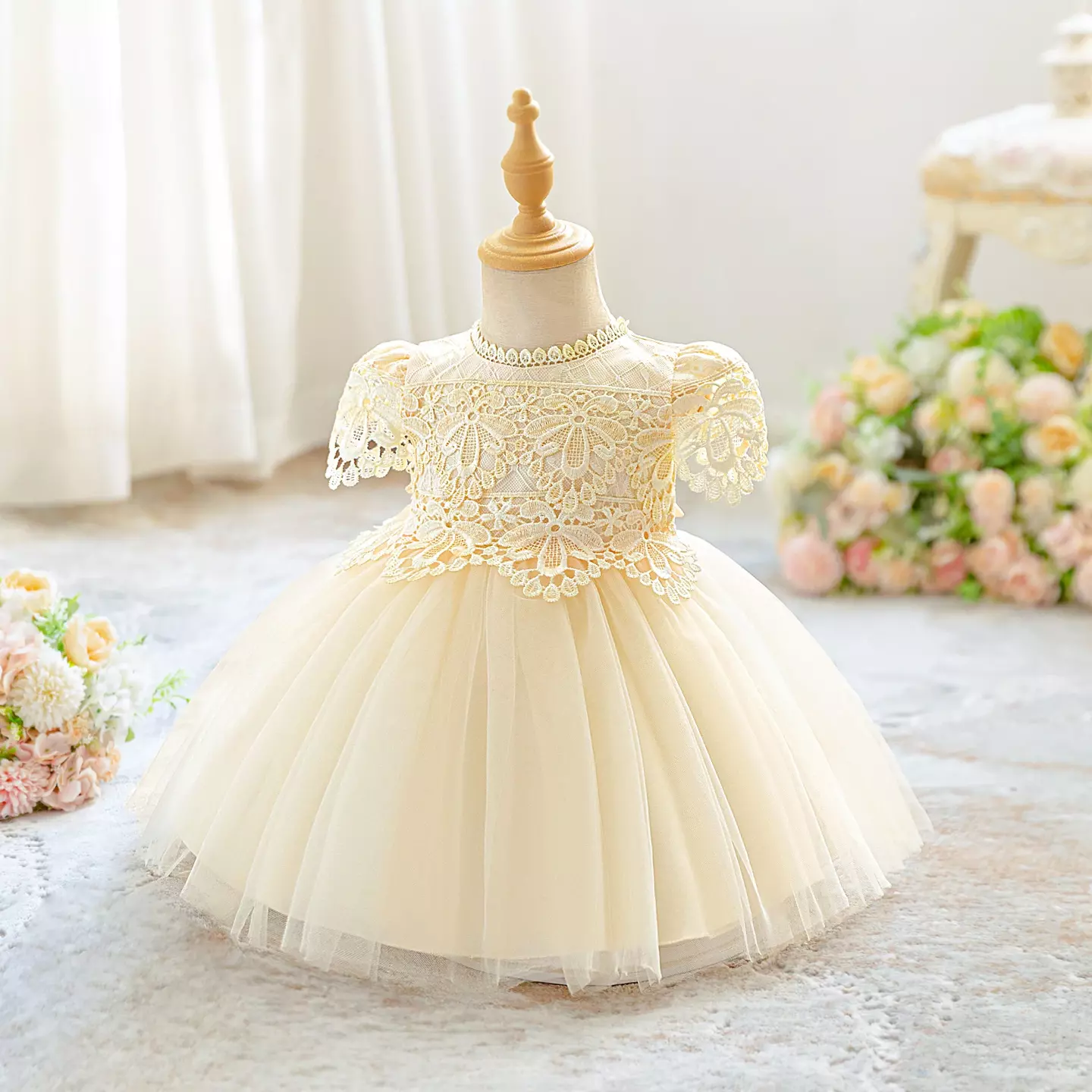 Zarazua Champagne Floral Lace Puff Sleeve Tulle Tea Length Baby Party Dress