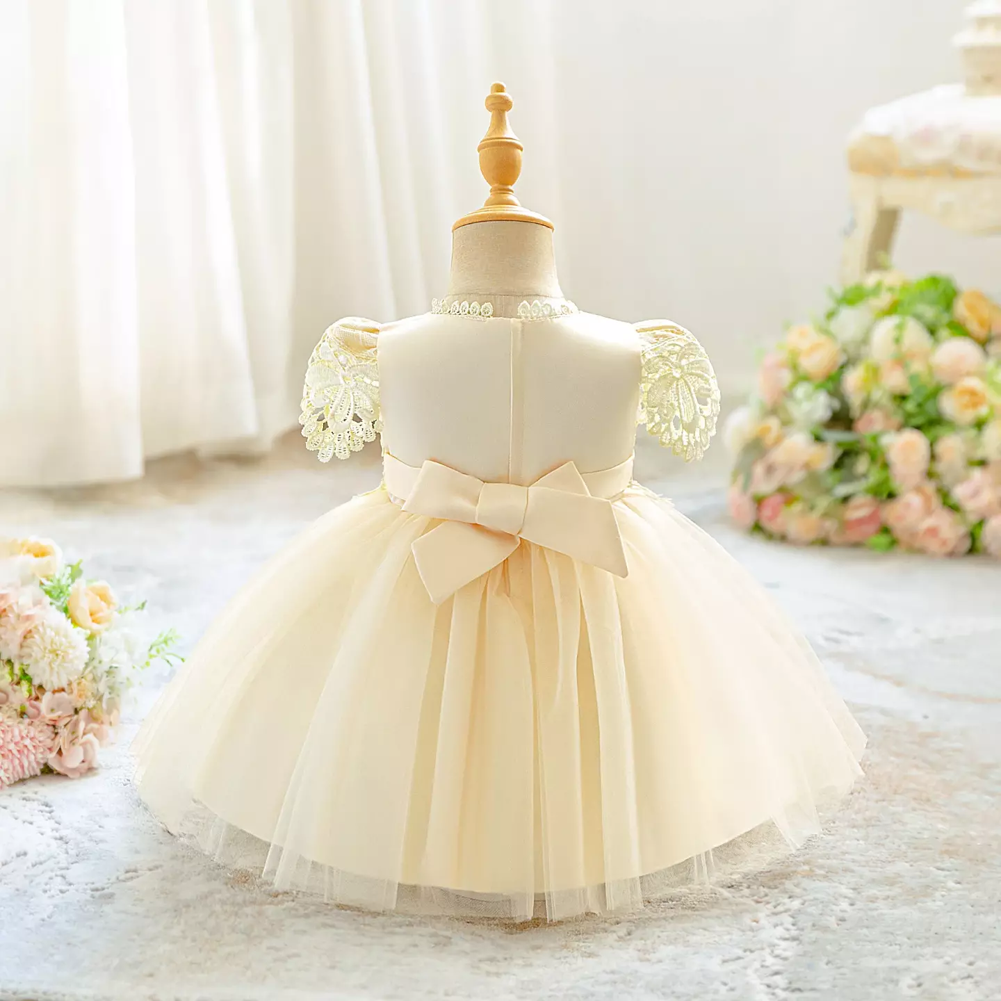 Zarazua Champagne Floral Lace Puff Sleeve Tulle Tea Length Baby Party Dress