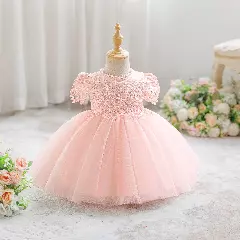 Zarazua Peach Pink Floral Lace Puff Sleeve Tulle Tea Length Baby Party Dress