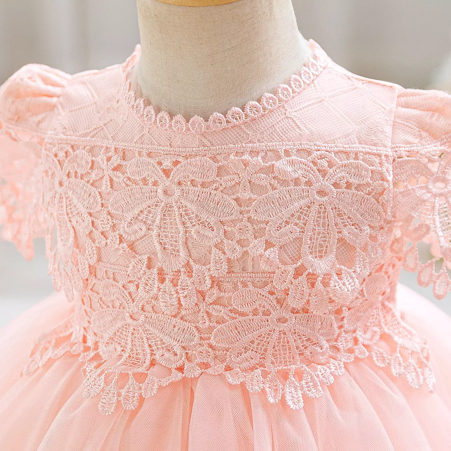 Zarazua Peach Pink Floral Lace Puff Sleeve Tulle Tea Length Baby Party Dress