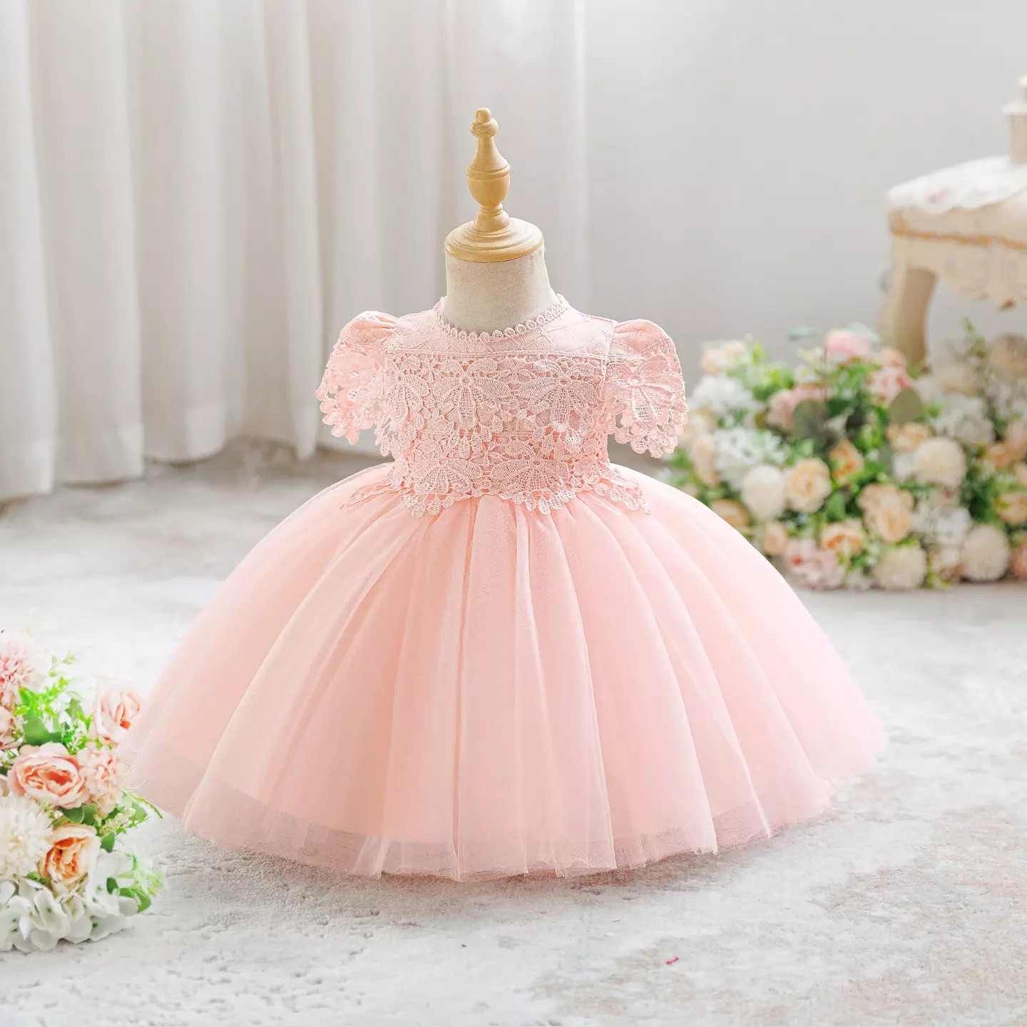 Zarazua Peach Pink Floral Lace Puff Sleeve Tulle Tea Length Baby Party Dress