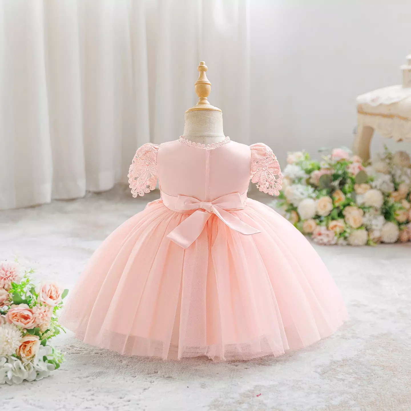 Zarazua Peach Pink Floral Lace Puff Sleeve Tulle Tea Length Baby Party Dress