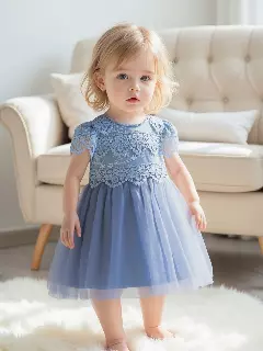 Jean Blue Scalloped Lace Tulle Tea Length Baby Party Dress
