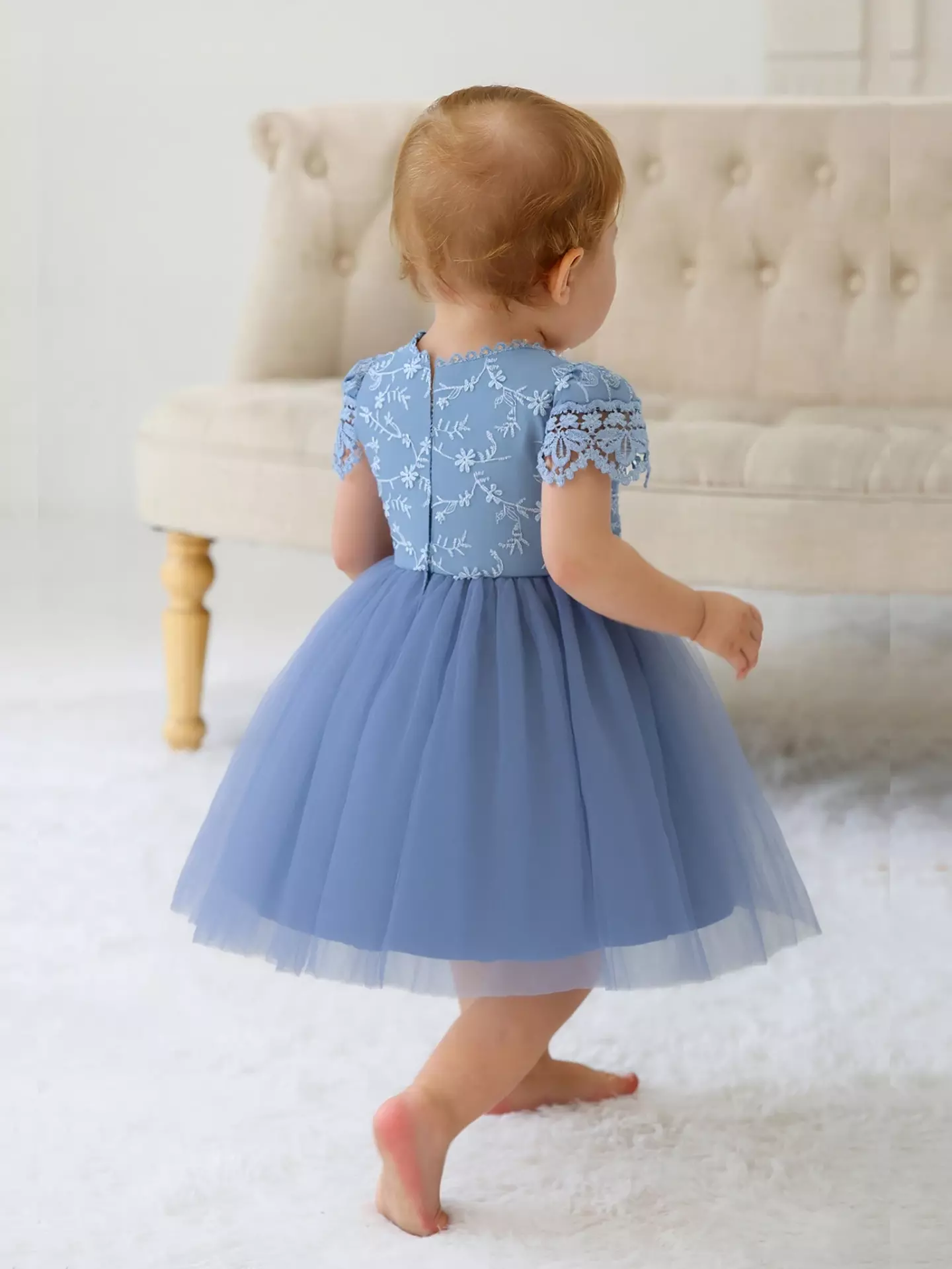Jean Blue Scalloped Lace Tulle Tea Length Baby Party Dress