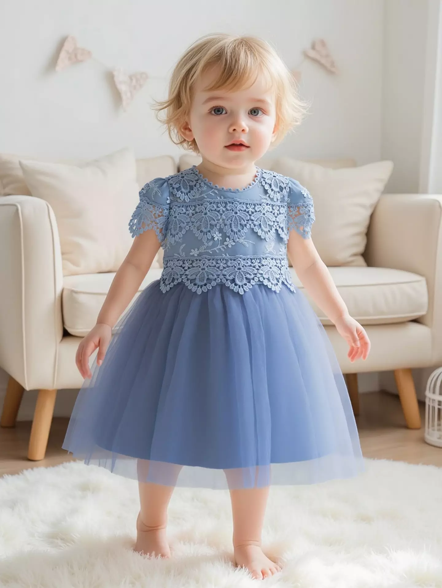 Jean Blue Scalloped Lace Tulle Tea Length Baby Party Dress