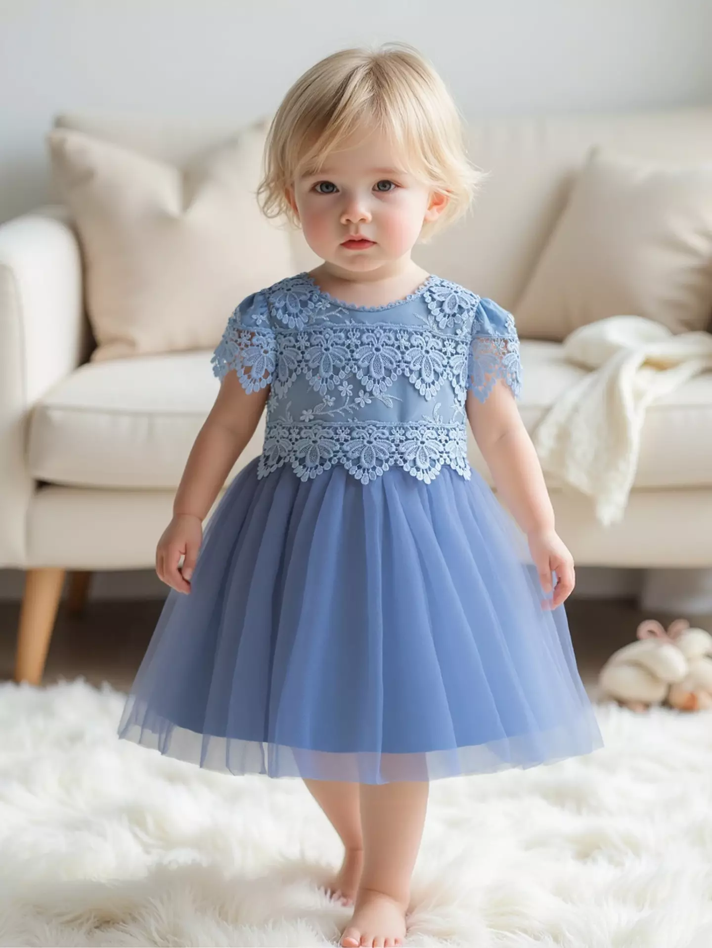 Jean Blue Scalloped Lace Tulle Tea Length Baby Party Dress