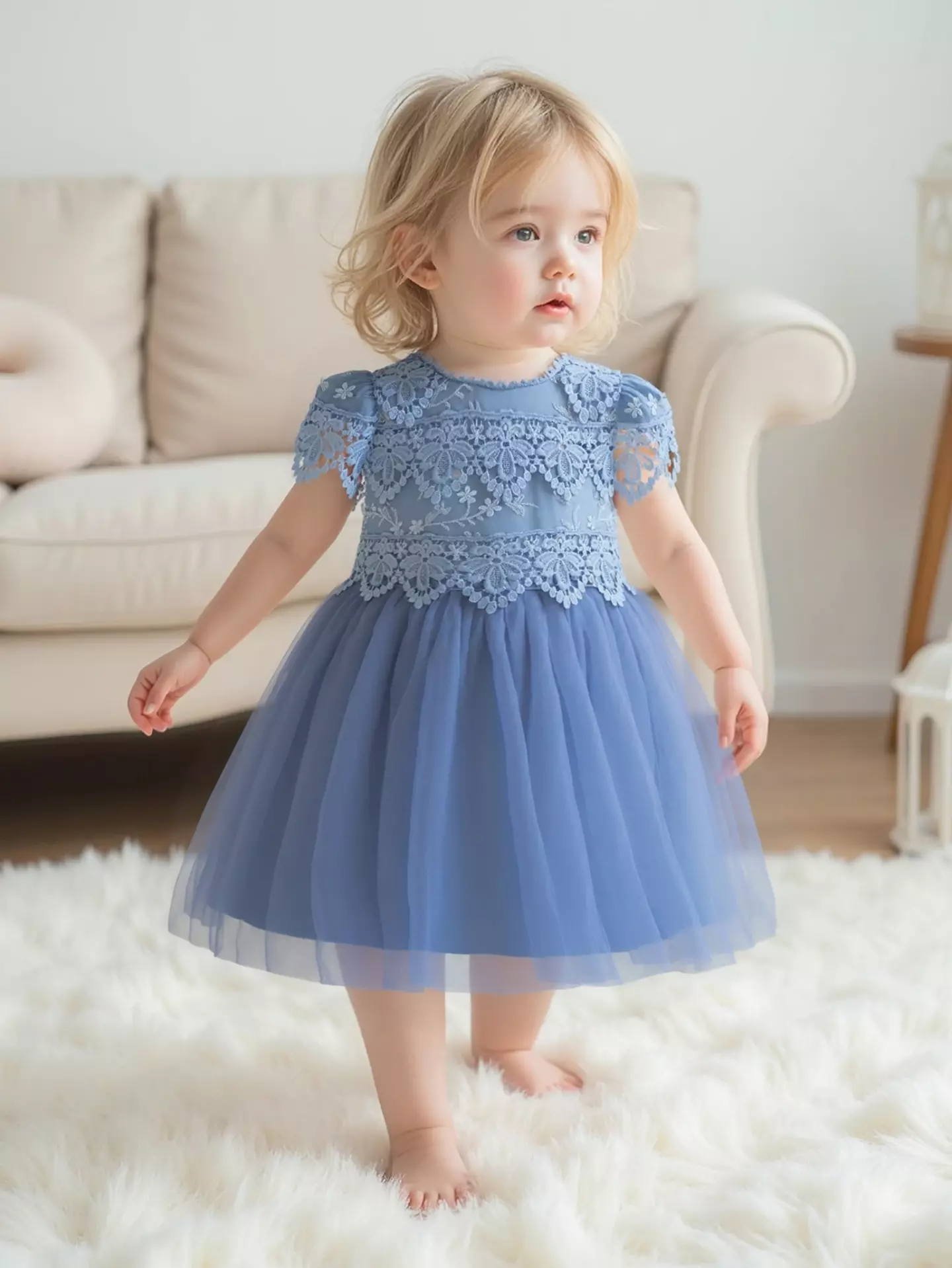 Jean Blue Scalloped Lace Tulle Tea Length Baby Party Dress