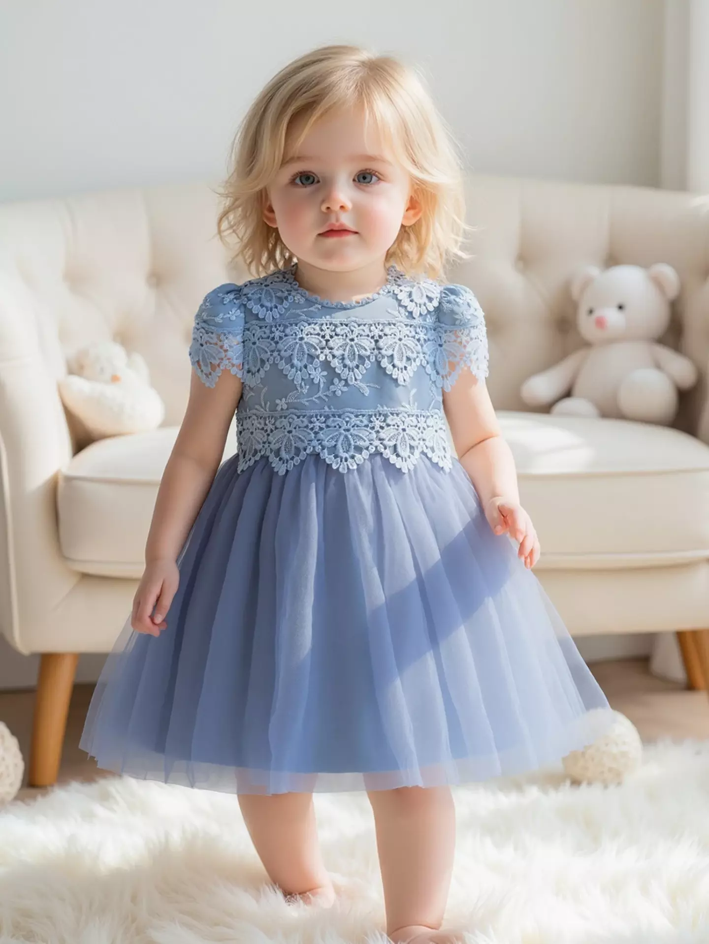 Jean Blue Scalloped Lace Tulle Tea Length Baby Party Dress