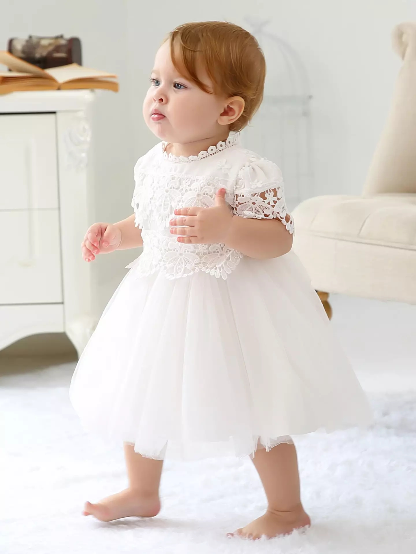 Jean White Pearl Trim Lace Tulle Tea Length Baby Christening Dress