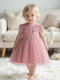 Jean Dusty Pink Scalloped Lace Tulle Tea Length Baby Party Dress